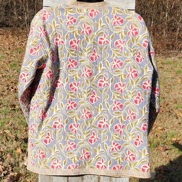 Reversible Block Print Quilted Jacket Floral Kantha Style Coat Boho Cottagecore - Picture 4 of 10